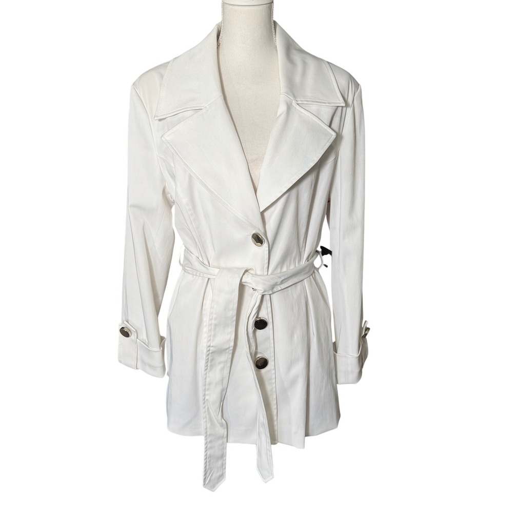 Cynthia Rowley White Belted Trench Rain‎ Jacket Pea Coat Large Classic Chic NWT